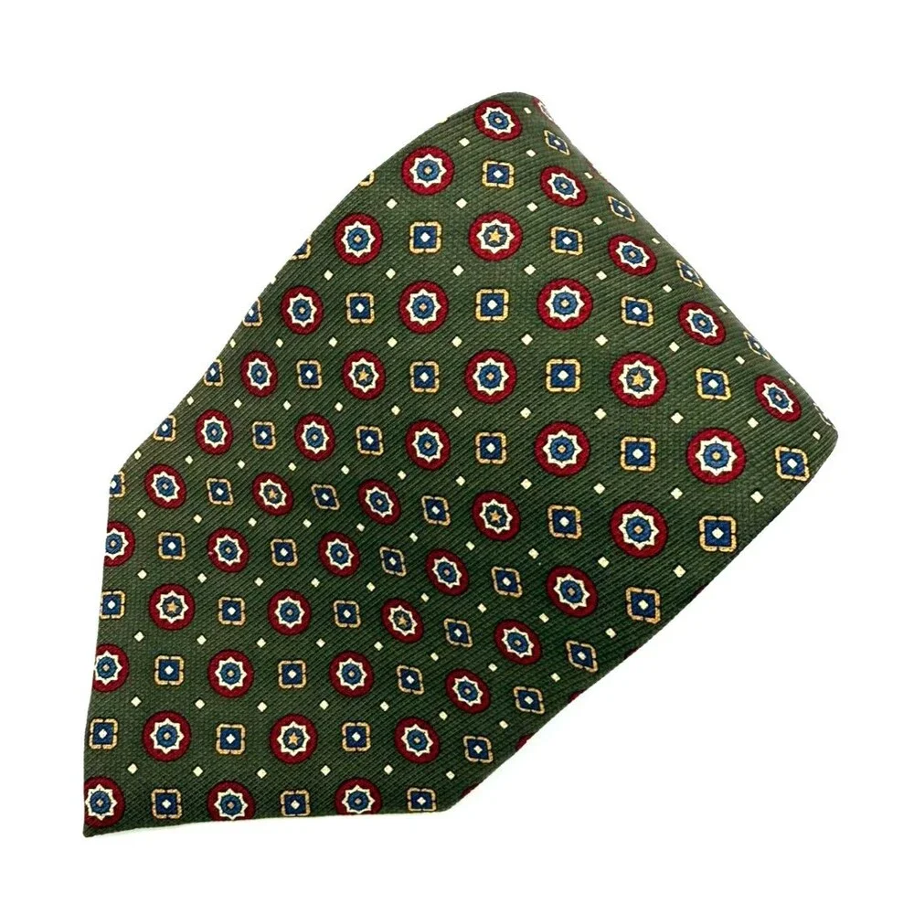 Tommy Hilfiger Silk Tie Mens Olive Green Red Geometric Medallion Made in USA